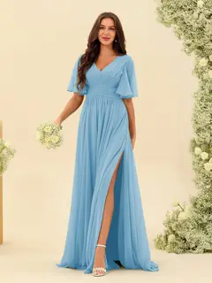 A-Line/Princess V-Neck Half Sleeves Chiffon Bridesmaid Dresses With Pockets & Split Side — view 51