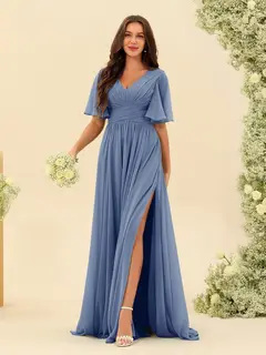 A-Line/Princess V-Neck Half Sleeves Chiffon Bridesmaid Dresses With Pockets & Split Side — view 52
