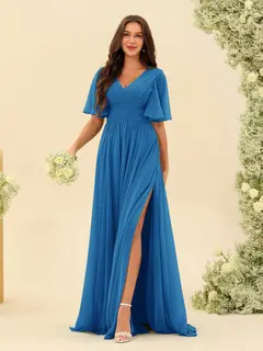 A-Line/Princess V-Neck Half Sleeves Chiffon Bridesmaid Dresses With Pockets & Split Side — view 54