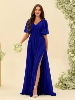 A-Line/Princess V-Neck Half Sleeves Chiffon Bridesmaid Dresses With Pockets & Split Side — view 56