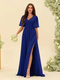 A-Line/Princess V-Neck Half Sleeves Chiffon Bridesmaid Dresses With Pockets & Split Side — view 57