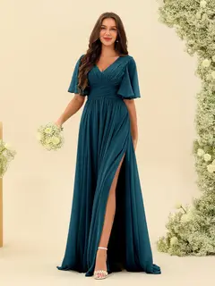 A-Line/Princess V-Neck Half Sleeves Chiffon Bridesmaid Dresses With Pockets & Split Side — view 59