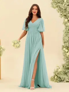 A-Line/Princess V-Neck Half Sleeves Chiffon Bridesmaid Dresses With Pockets & Split Side — view 61