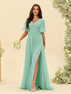 A-Line/Princess V-Neck Half Sleeves Chiffon Bridesmaid Dresses With Pockets & Split Side — view 62