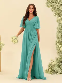 A-Line/Princess V-Neck Half Sleeves Chiffon Bridesmaid Dresses With Pockets & Split Side — view 63