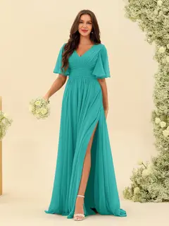 A-Line/Princess V-Neck Half Sleeves Chiffon Bridesmaid Dresses With Pockets & Split Side — view 64