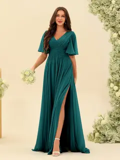 A-Line/Princess V-Neck Half Sleeves Chiffon Bridesmaid Dresses With Pockets & Split Side — view 67