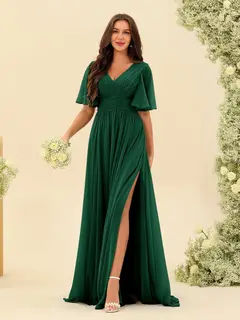 A-Line/Princess V-Neck Half Sleeves Chiffon Bridesmaid Dresses With Pockets & Split Side — view 68