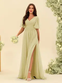 A-Line/Princess V-Neck Half Sleeves Chiffon Bridesmaid Dresses With Pockets & Split Side — view 69