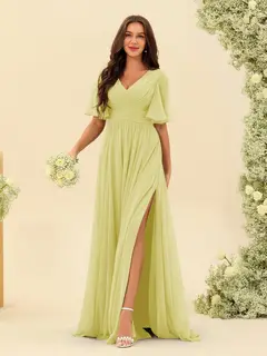 A-Line/Princess V-Neck Half Sleeves Chiffon Bridesmaid Dresses With Pockets & Split Side — view 70