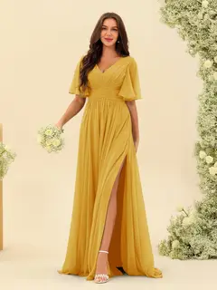 A-Line/Princess V-Neck Half Sleeves Chiffon Bridesmaid Dresses With Pockets & Split Side — view 71