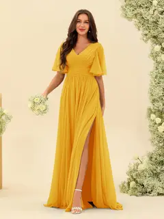 A-Line/Princess V-Neck Half Sleeves Chiffon Bridesmaid Dresses With Pockets & Split Side — view 72