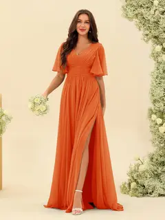 A-Line/Princess V-Neck Half Sleeves Chiffon Bridesmaid Dresses With Pockets & Split Side — view 73