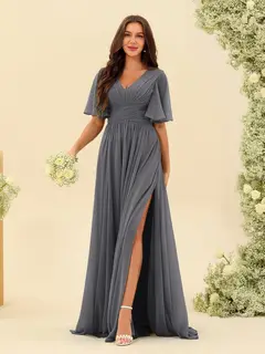 A-Line/Princess V-Neck Half Sleeves Chiffon Bridesmaid Dresses With Pockets & Split Side — view 75