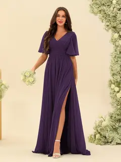 A-Line/Princess V-Neck Half Sleeves Chiffon Bridesmaid Dresses With Pockets & Split Side — view 78