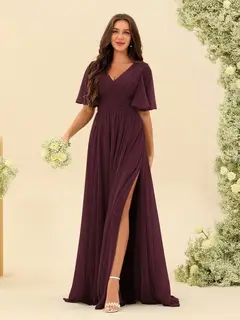 A-Line/Princess V-Neck Half Sleeves Chiffon Bridesmaid Dresses With Pockets & Split Side — view 83