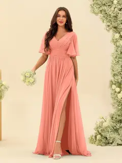 A-Line/Princess V-Neck Half Sleeves Chiffon Bridesmaid Dresses With Pockets & Split Side — view 84