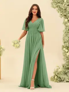 A-Line/Princess V-Neck Half Sleeves Chiffon Bridesmaid Dresses With Pockets & Split Side — view 85