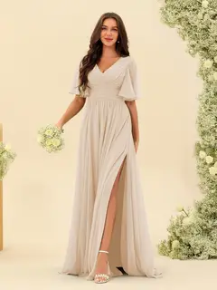 A-Line/Princess V-Neck Half Sleeves Chiffon Bridesmaid Dresses With Pockets & Split Side — view 86