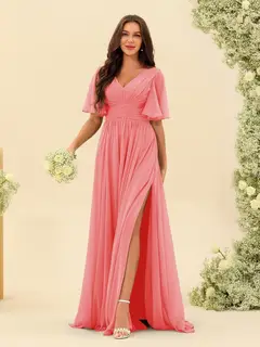 A-Line/Princess V-Neck Half Sleeves Chiffon Bridesmaid Dresses With Pockets & Split Side — view 89