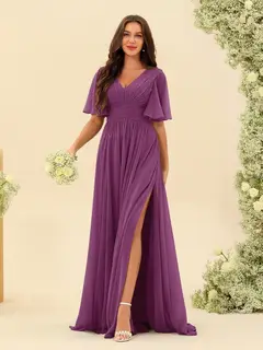 A-Line/Princess V-Neck Half Sleeves Chiffon Bridesmaid Dresses With Pockets & Split Side — view 91