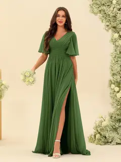 A-Line/Princess V-Neck Half Sleeves Chiffon Bridesmaid Dresses With Pockets & Split Side — view 96