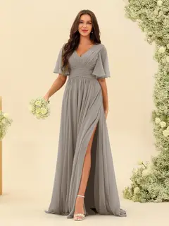 A-Line/Princess V-Neck Half Sleeves Chiffon Bridesmaid Dresses With Pockets & Split Side — view 97
