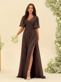 A-Line/Princess V-Neck Half Sleeves Chiffon Bridesmaid Dresses With Pockets & Split Side — view 98