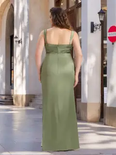 Sheath/Column Sweetheart Sleeveless Floor-Length Stretch Satin Plus Size Bridesmaid Dresses with Split Side & Ruffles — view 2