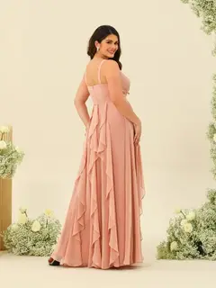 A-Line/Princess V-Neck Sleeveless Long Plus Size Ruched Bridesmaid Dresses with Ruffles — view 2