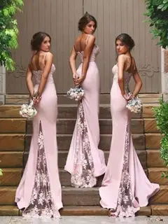 Trumpet/Mermaid Spaghetti Straps Sleeveless Sweep Train Bridesmaid Dresses with Lace Appliques — view 3