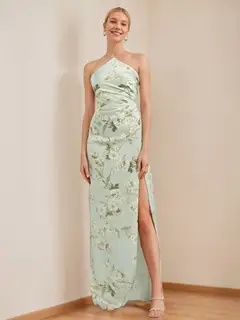 Sheath/Column Halter Sleeveless Printed Floral Sexy Bridesmaid Dresses with High Split — view 1