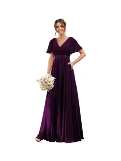 A-Line/Princess V Neck Flutter Sleeves Floor Length Bridesmaid Dresses Chiffon with Pockets Ruched — view 2