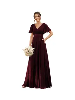 A-Line/Princess V Neck Flutter Sleeves Floor Length Bridesmaid Dresses Chiffon with Pockets Ruched — view 3