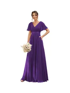 A-Line/Princess V Neck Flutter Sleeves Floor Length Bridesmaid Dresses Chiffon with Pockets Ruched — view 4