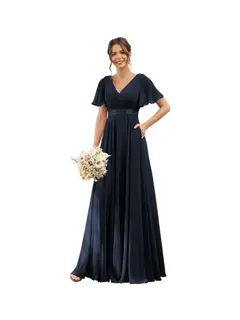A-Line/Princess V Neck Flutter Sleeves Floor Length Bridesmaid Dresses Chiffon with Pockets Ruched — view 5