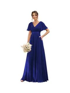 A-Line/Princess V Neck Flutter Sleeves Floor Length Bridesmaid Dresses Chiffon with Pockets Ruched — view 6