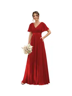 A-Line/Princess V Neck Flutter Sleeves Floor Length Bridesmaid Dresses Chiffon with Pockets Ruched — view 7