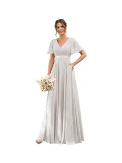 A-Line/Princess V Neck Flutter Sleeves Floor Length Bridesmaid Dresses Chiffon with Pockets Ruched — view 8