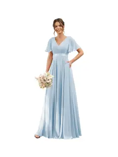 A-Line/Princess V Neck Flutter Sleeves Floor Length Bridesmaid Dresses Chiffon with Pockets Ruched — view 9