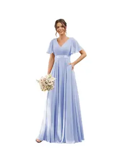 A-Line/Princess V Neck Flutter Sleeves Floor Length Bridesmaid Dresses Chiffon with Pockets Ruched — view 10