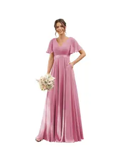 A-Line/Princess V Neck Flutter Sleeves Floor Length Bridesmaid Dresses Chiffon with Pockets Ruched — view 11
