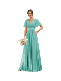 A-Line/Princess V Neck Flutter Sleeves Floor Length Bridesmaid Dresses Chiffon with Pockets Ruched — view 12