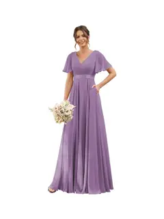 A-Line/Princess V Neck Flutter Sleeves Floor Length Bridesmaid Dresses Chiffon with Pockets Ruched — view 13