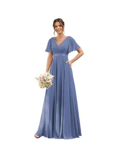 A-Line/Princess V Neck Flutter Sleeves Floor Length Bridesmaid Dresses Chiffon with Pockets Ruched — view 14