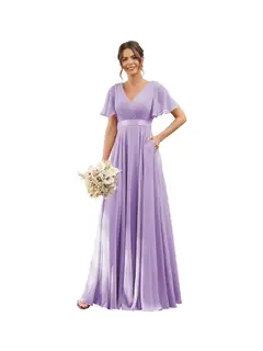 A-Line/Princess V Neck Flutter Sleeves Floor Length Bridesmaid Dresses Chiffon with Pockets Ruched — view 15