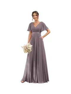 A-Line/Princess V Neck Flutter Sleeves Floor Length Bridesmaid Dresses Chiffon with Pockets Ruched — view 16