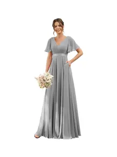 A-Line/Princess V Neck Flutter Sleeves Floor Length Bridesmaid Dresses Chiffon with Pockets Ruched — view 17