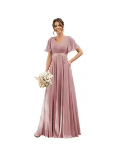 A-Line/Princess V Neck Flutter Sleeves Floor Length Bridesmaid Dresses Chiffon with Pockets Ruched — view 18