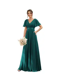 A-Line/Princess V Neck Flutter Sleeves Floor Length Bridesmaid Dresses Chiffon with Pockets Ruched — view 19